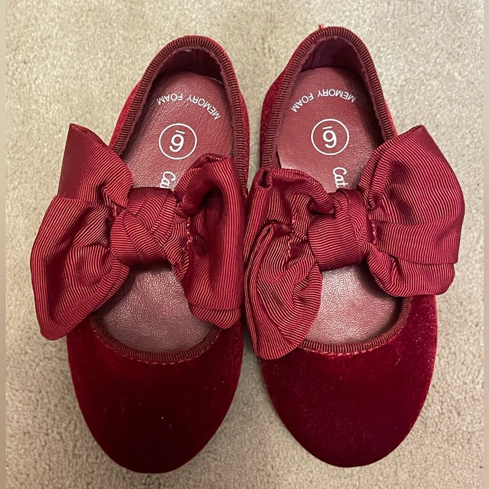 Cat & Jack Burgundy Velvet Bow Ballet Flats - Toddler Girl Size 6T